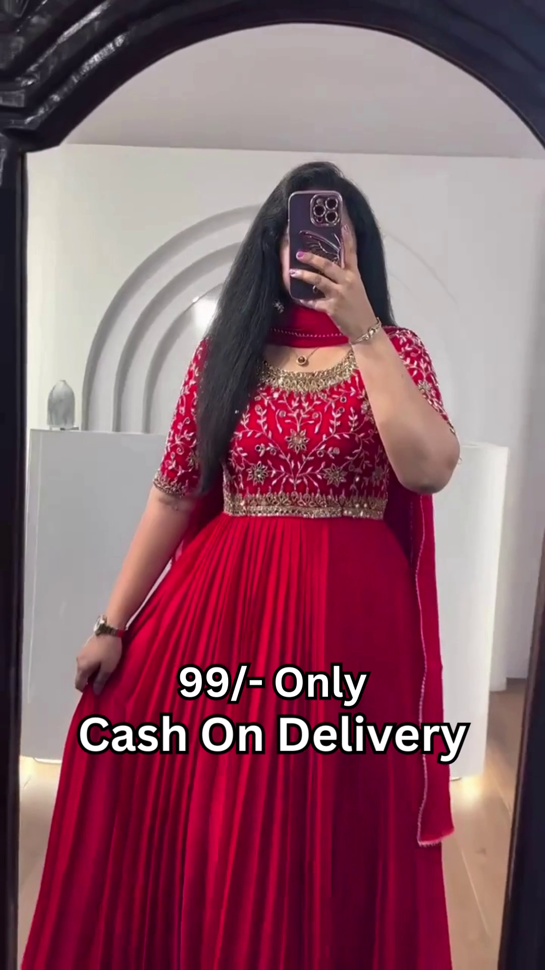 Royal Purple Pleated Anarkali Gown with Mirror Work