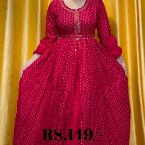 Crimson Polka-Dot Anarkali Gown with Embroidered Cinched Waist