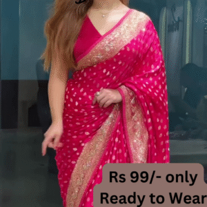 Vibrant Pink Polka Dot Saree with Gilded Lace Border