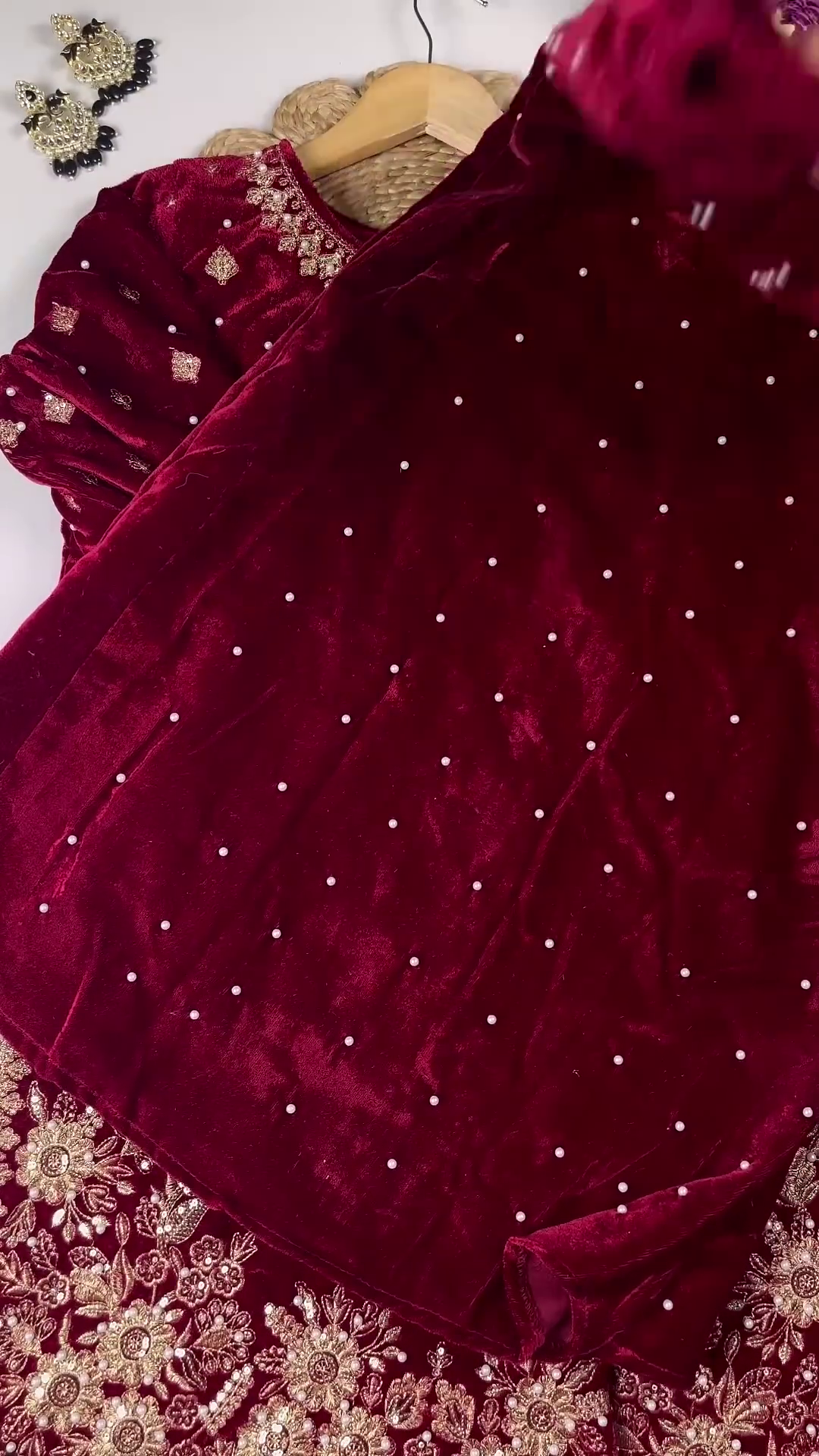 Regal Ruby Velvet Anarkali with Golden Floral Zari and Sequin Embroidery - Image 5