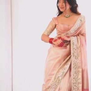 Pastel Peach Mirror-Work Silk Saree with Elegant V-Neck Blouse