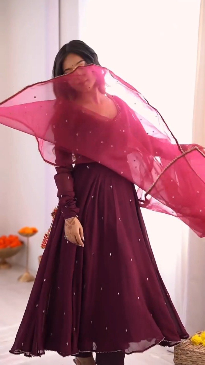 Enchanting Wine Red Embroidered Anarkali Suit Set - Image 3