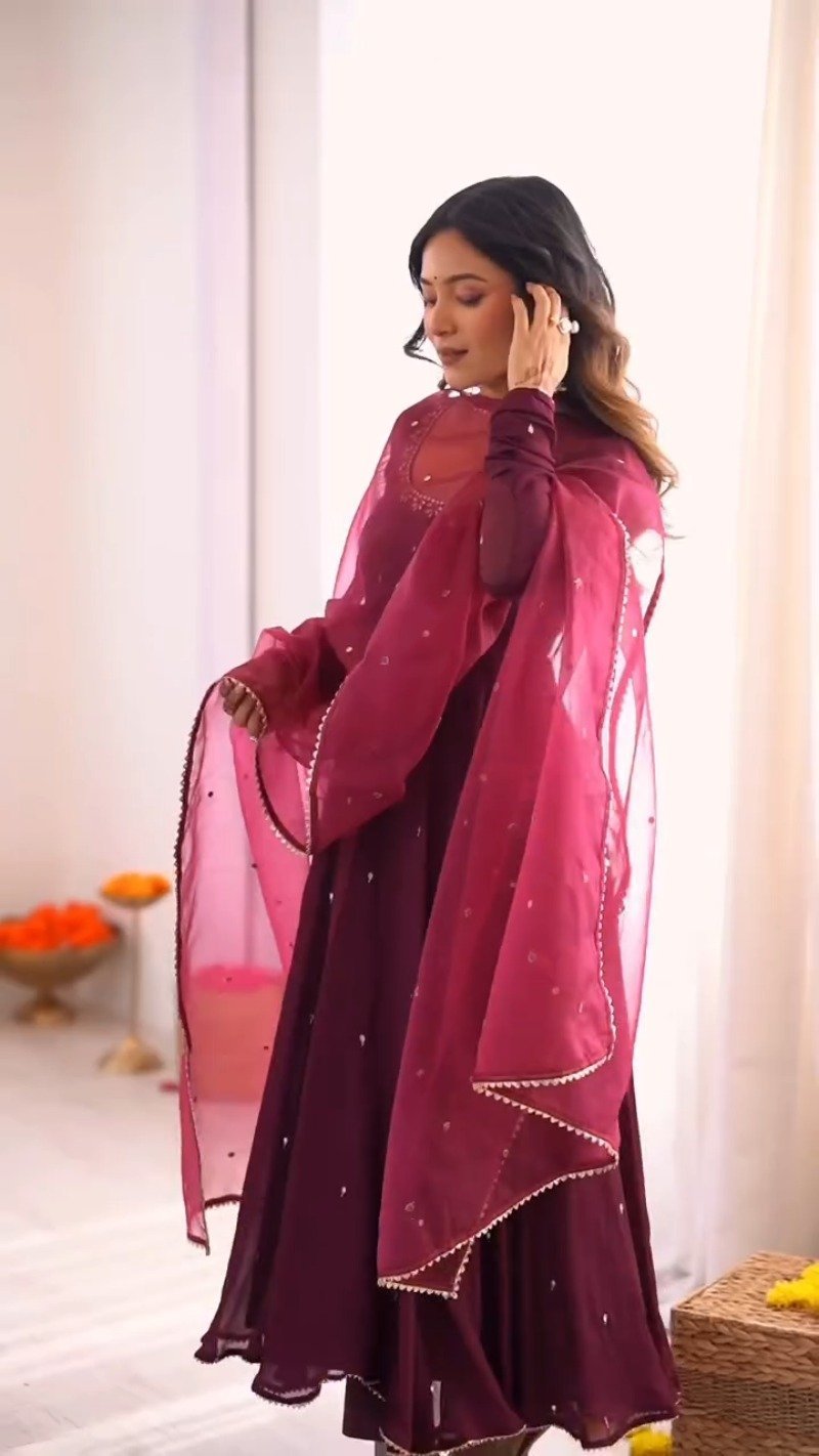 Enchanting Wine Red Embroidered Anarkali Suit Set - Image 2