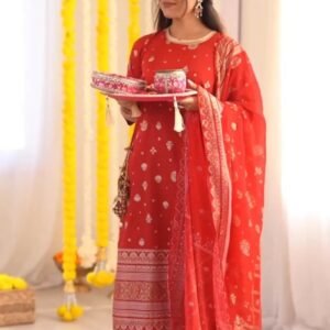 Radiant Ruby Festive Kurta & Sharara Set with Floral Embroidery – Available in Crimson Red & Sunset Scarlet