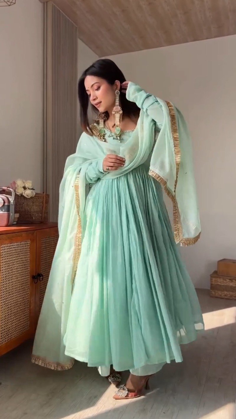 Ethereal Mint Green Embroidered Anarkali Set with Shimmering Dupatta - Image 6