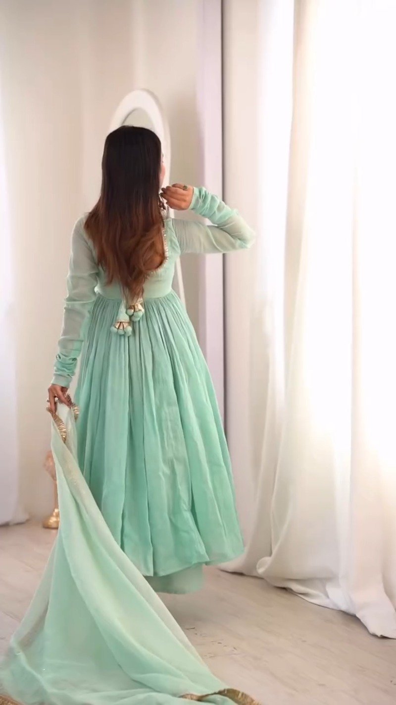 Ethereal Mint Green Embroidered Anarkali Set with Shimmering Dupatta - Image 2