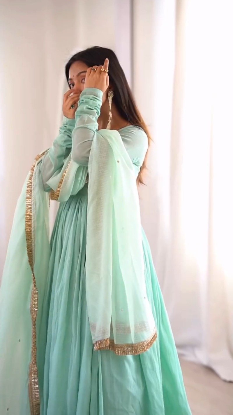 Ethereal Mint Green Embroidered Anarkali Set with Shimmering Dupatta - Image 3