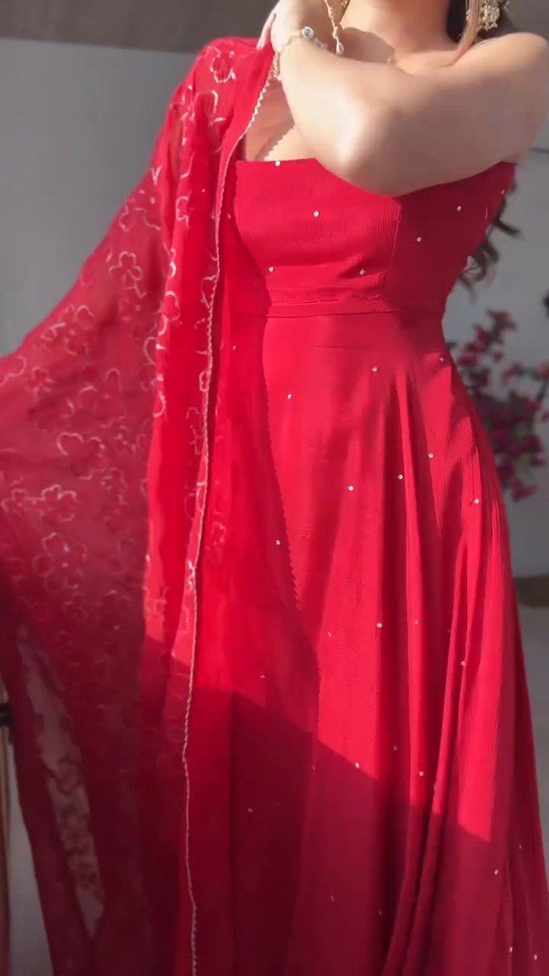 Astra Ruby Red Flowing Maxi Kurta Set with Mirror Embellishments - Image 2