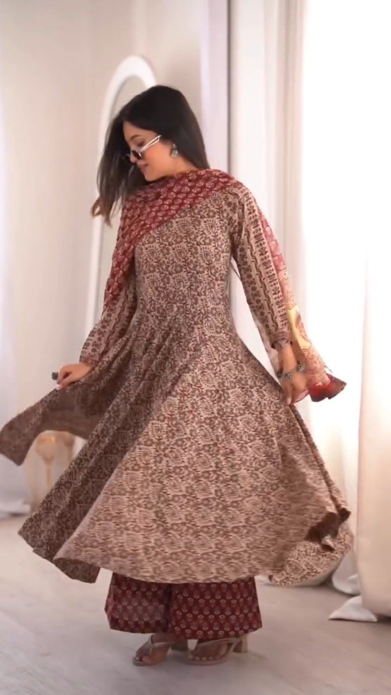 Elegant Floral Print Anarkali Kurta Set with Dupatta – Available in Deep Plum & Midnight Blue - Image 2