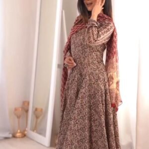 Elegant Floral Print Anarkali Kurta Set with Dupatta – Available in Deep Plum & Midnight Blue