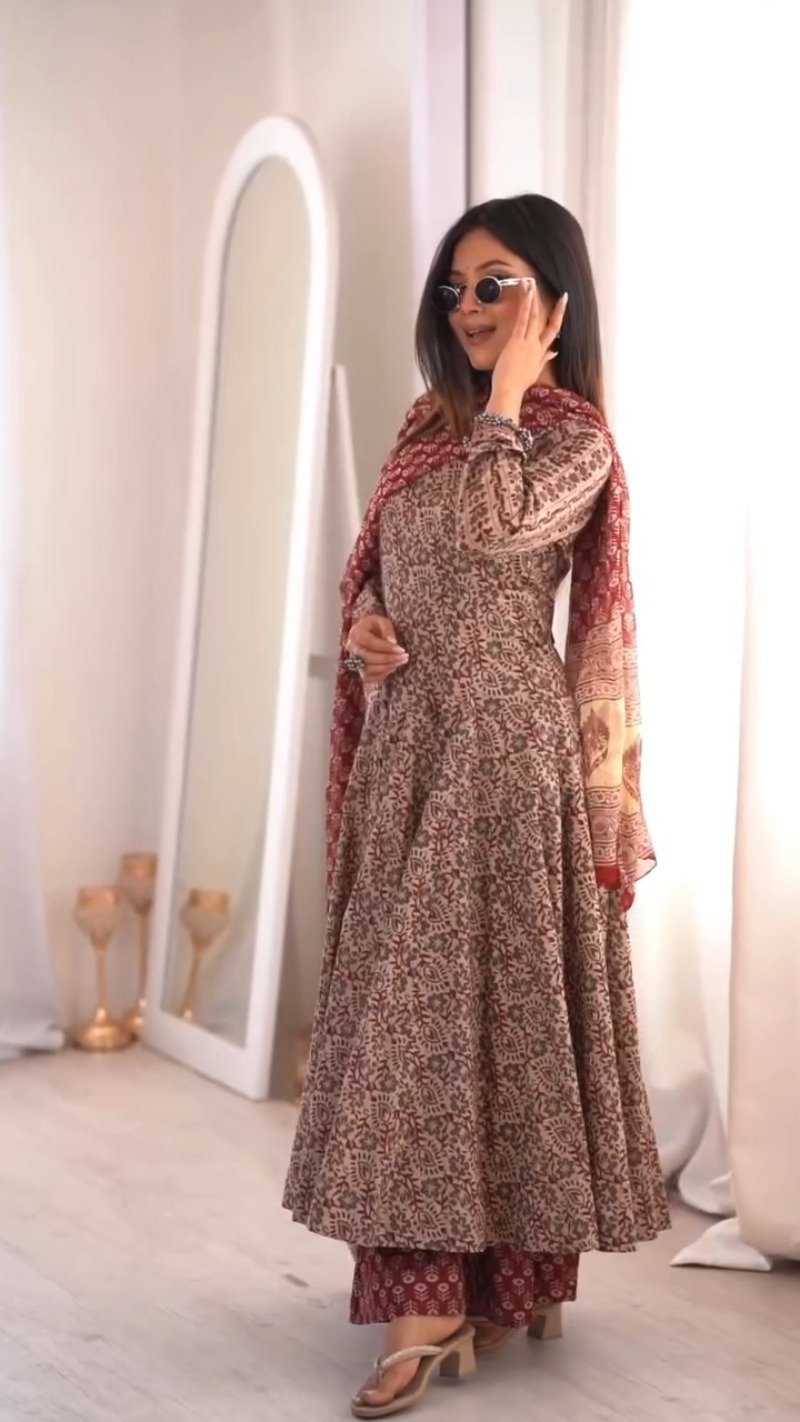 Elegant Floral Print Anarkali Kurta Set with Dupatta – Available in Deep Plum & Midnight Blue