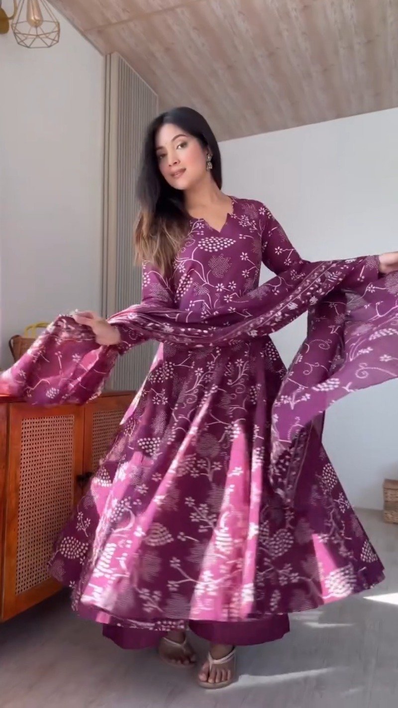 Elegant Floral Print Anarkali Kurta Set with Dupatta – Available in Deep Plum & Midnight Blue - Image 5