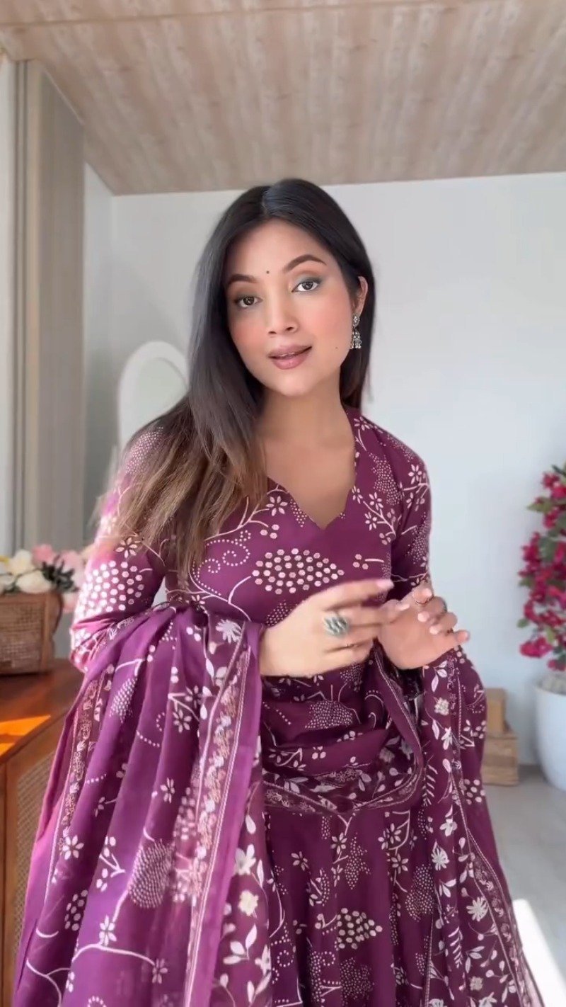 Elegant Floral Print Anarkali Kurta Set with Dupatta – Available in Deep Plum & Midnight Blue - Image 6