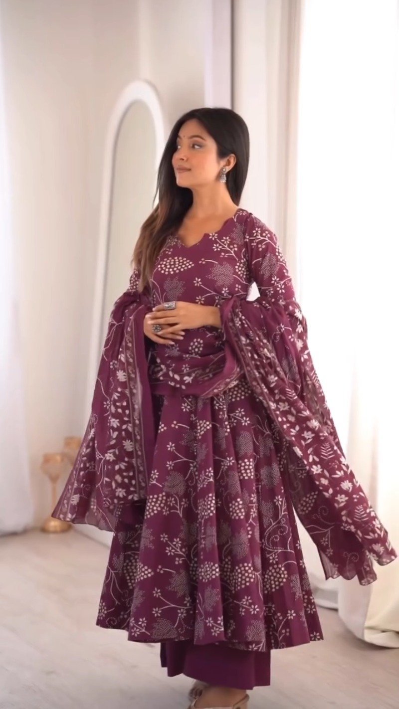 Elegant Floral Print Anarkali Kurta Set with Dupatta – Available in Deep Plum & Midnight Blue - Image 3