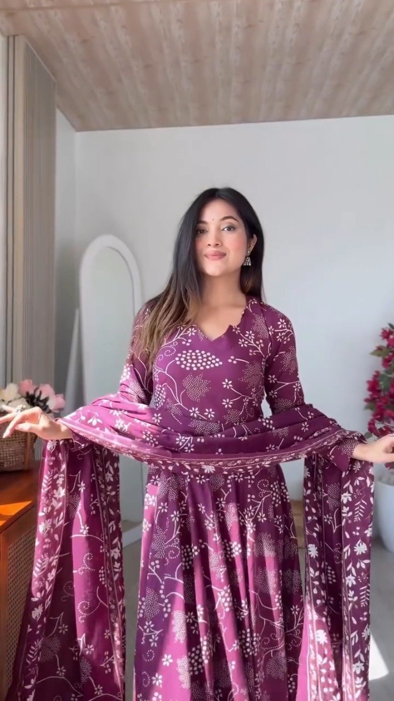 Elegant Floral Print Anarkali Kurta Set with Dupatta – Available in Deep Plum & Midnight Blue - Image 7