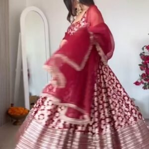 Royal Maroon Floral Brocade Lehenga Set with Metallic Border