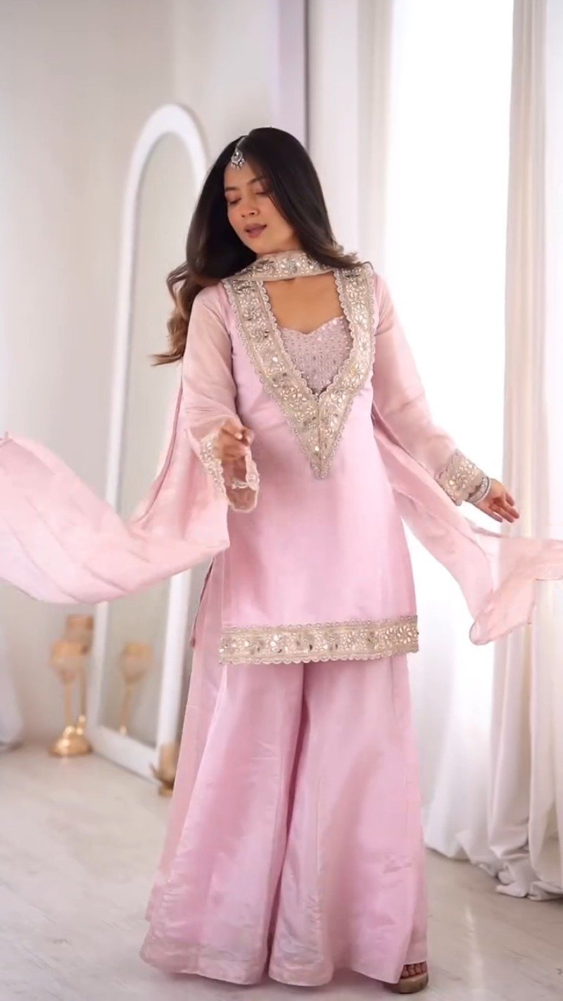 Ethereal Pastel Pink Mirror-Work Kurta & Palazzo Set
