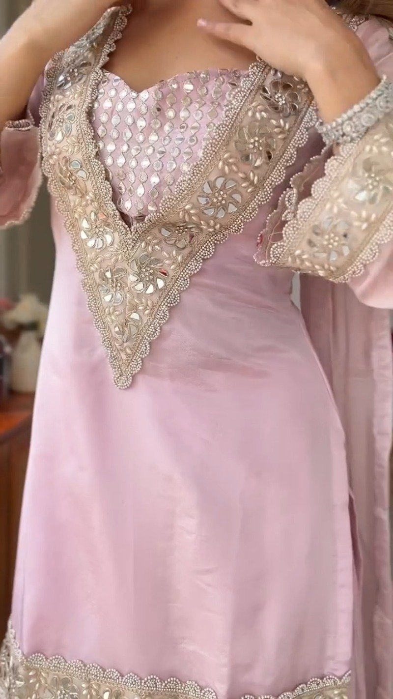 Ethereal Pastel Pink Mirror-Work Kurta & Palazzo Set - Image 5