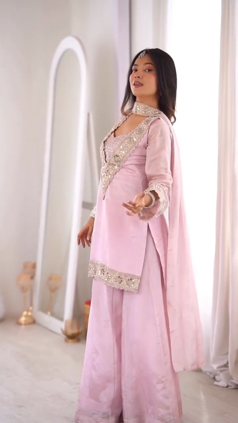 Ethereal Pastel Pink Mirror-Work Kurta & Palazzo Set - Image 2