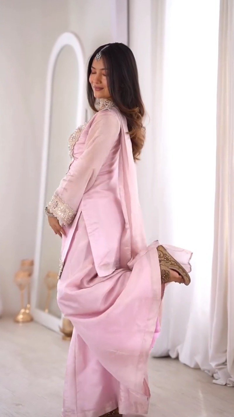 Ethereal Pastel Pink Mirror-Work Kurta & Palazzo Set - Image 3