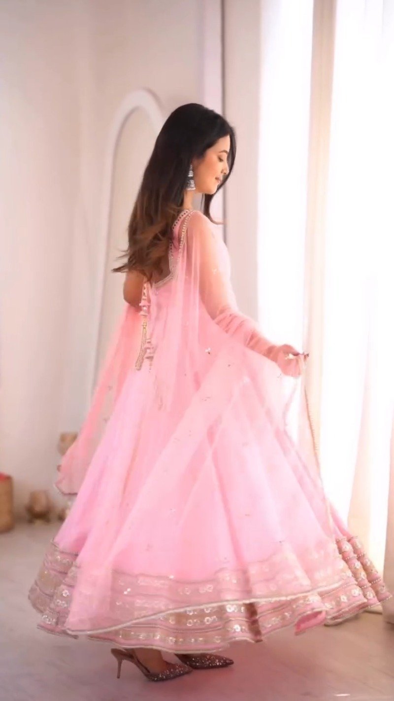 Ethereal Pastel Pink Sleeveless Anarkali Set with Shimmering Border - Image 2