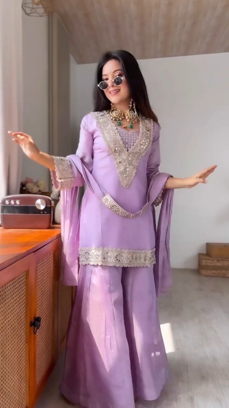 Lavish Lavender Organza Sharara Set with Scalloped Handwork Embroidery - Image 3