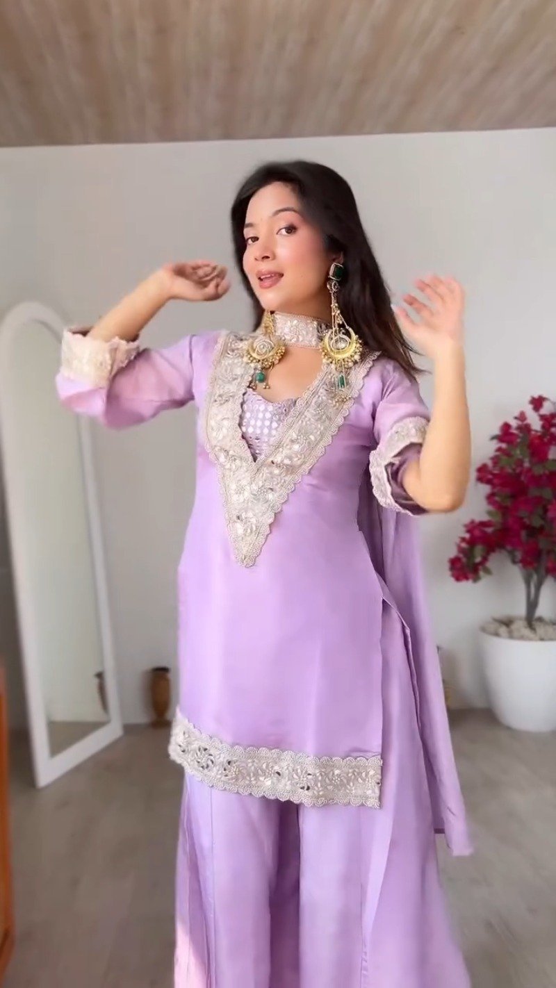 Lavish Lavender Organza Sharara Set with Scalloped Handwork Embroidery