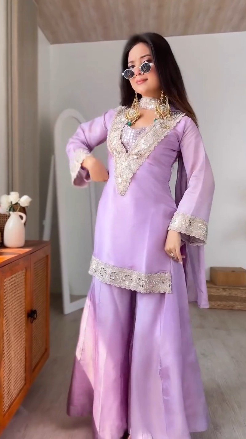 Lavish Lavender Organza Sharara Set with Scalloped Handwork Embroidery - Image 2