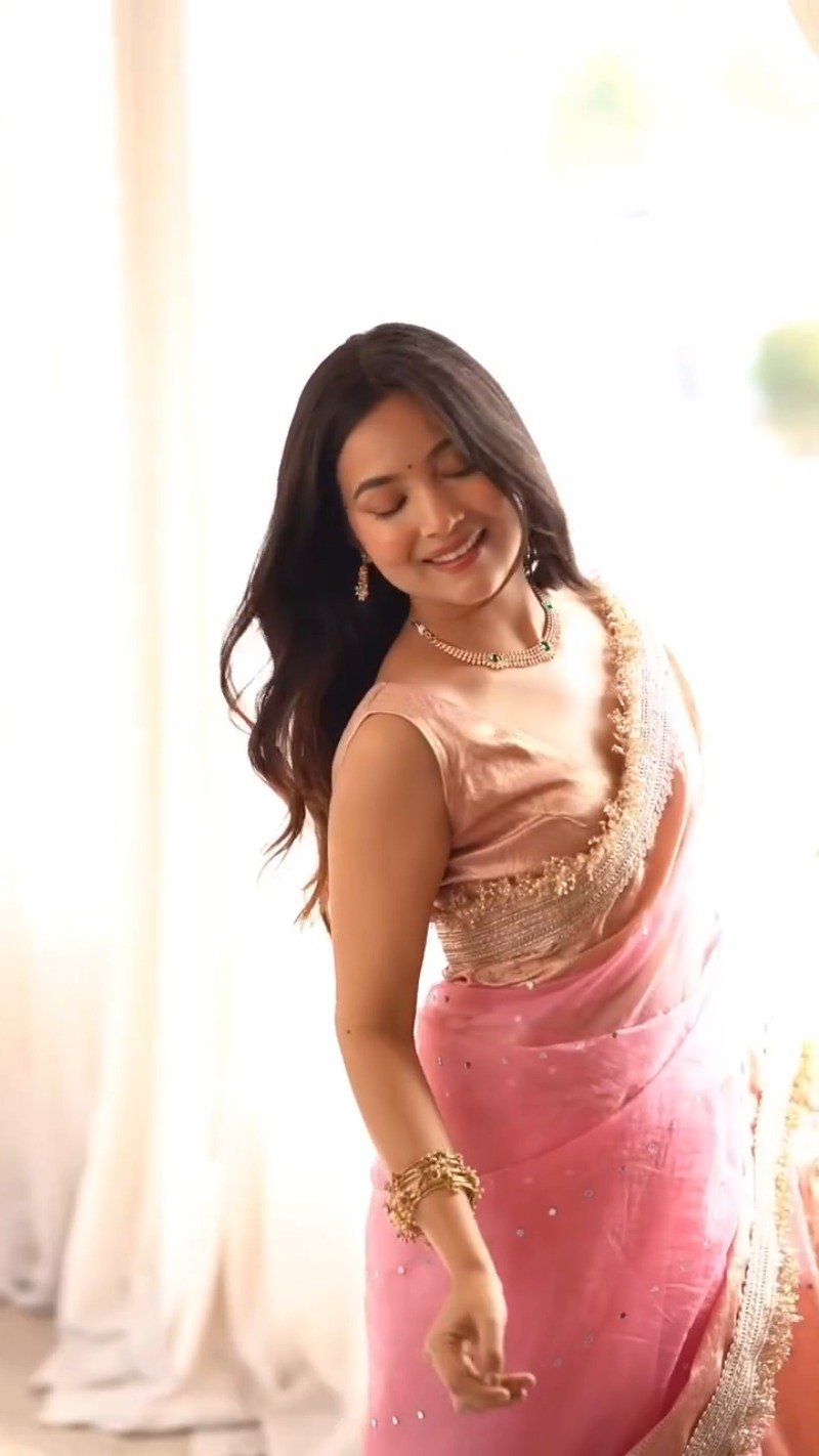 Blush Pink Embellished Organza Saree – A Classic Draped Elegance - Image 2
