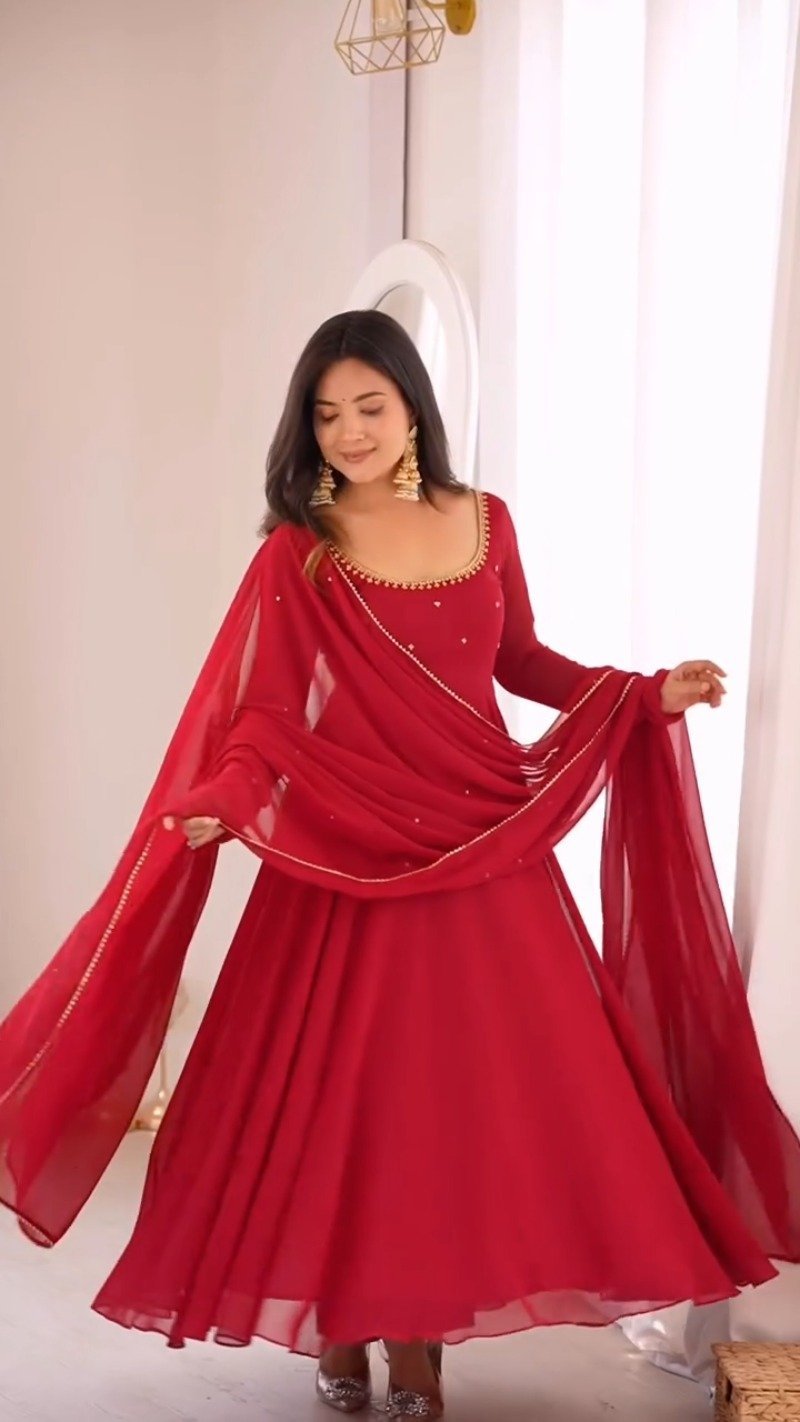 Scarlet Radiance Floor-Length Anarkali Set with Embellished Neckline