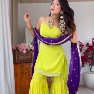 Vibrant Lime Green Sharara Set with Contrast Purple Dupatta – Ethnic Festive Ensemble