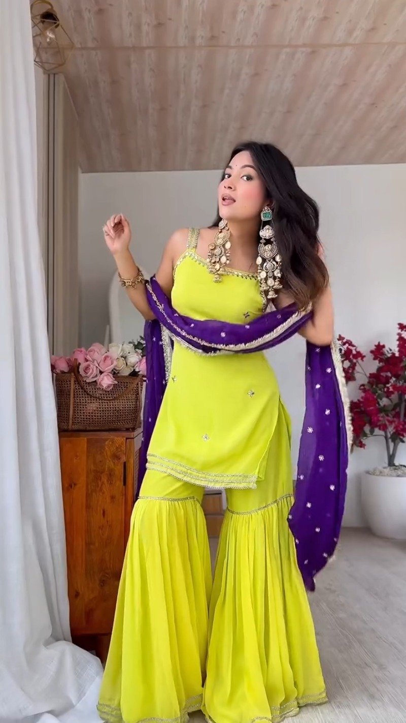 Vibrant Lime Green Sharara Set with Contrast Purple Dupatta – Ethnic Festive Ensemble