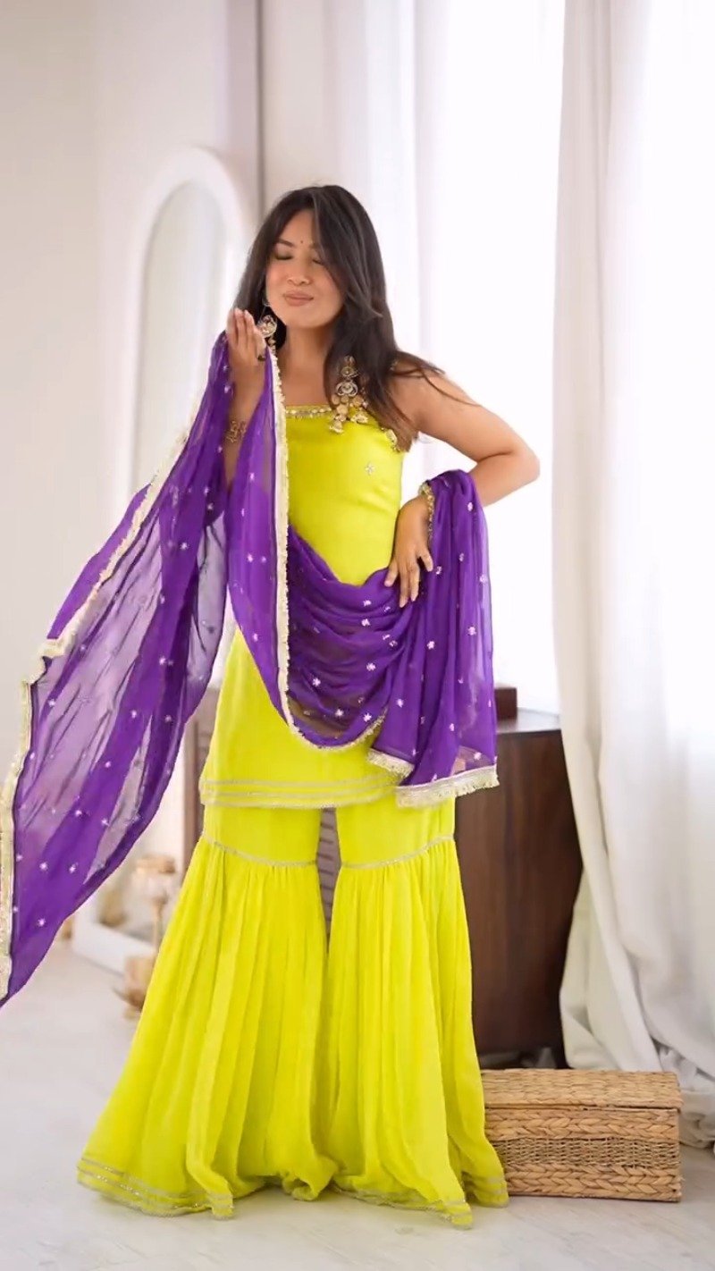 Vibrant Lime Green Sharara Set with Contrast Purple Dupatta – Ethnic Festive Ensemble - Image 2