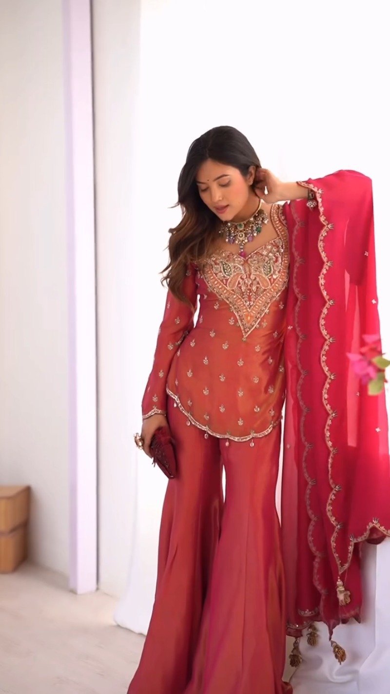 Scarlet Radiance Embroidered Sharara Set with Scalloped Dupatta
