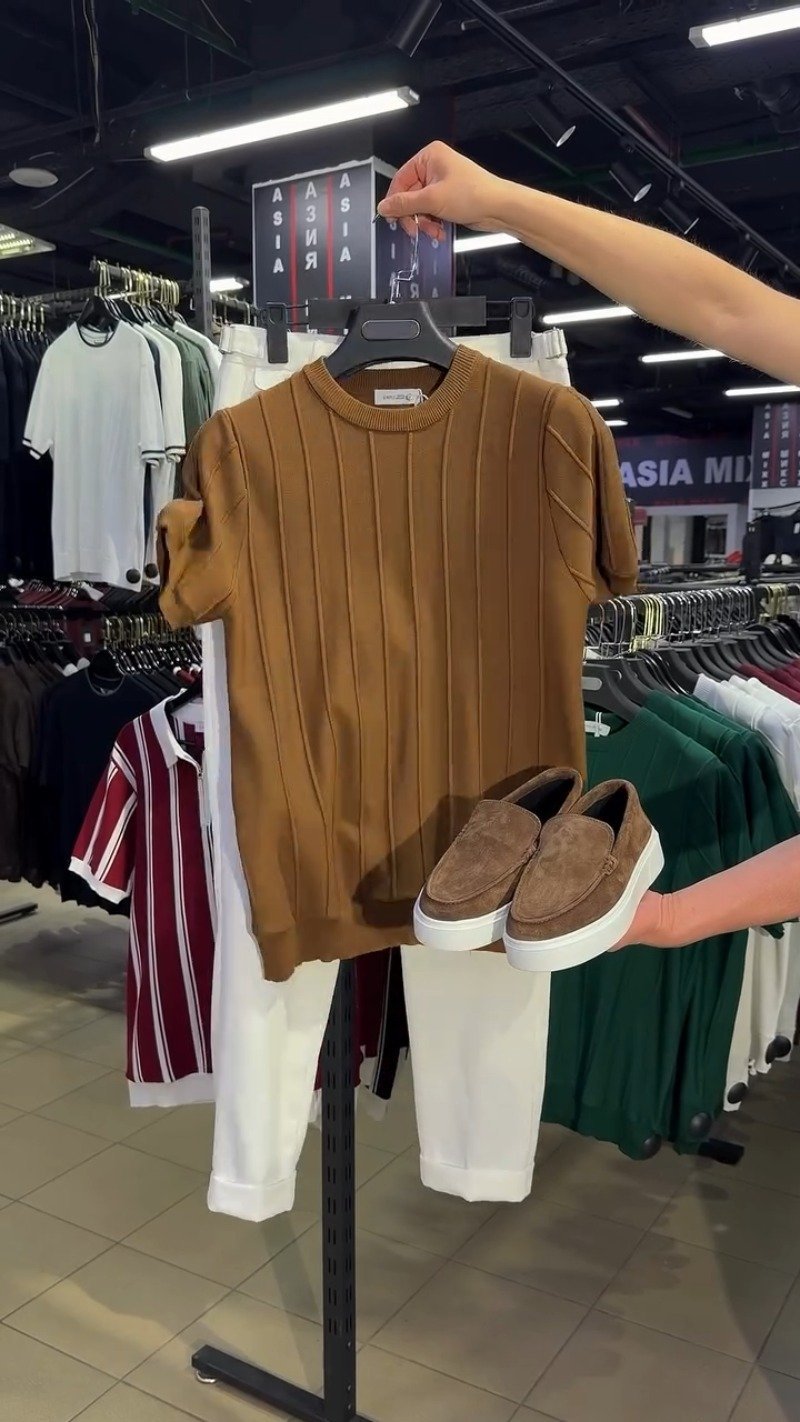 Urban Sophisticate Ribbed Knit Tee & Chino Set – Earthy Brown & Crisp White - Image 2