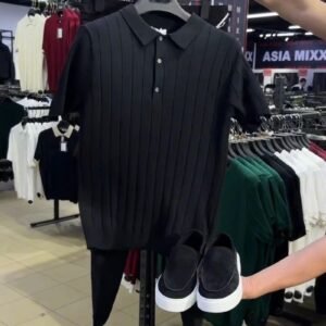 Modern Minimalist Ribbed Knit Polo & Trouser Co-ord Set – Available in Black, Brown & Burgundy