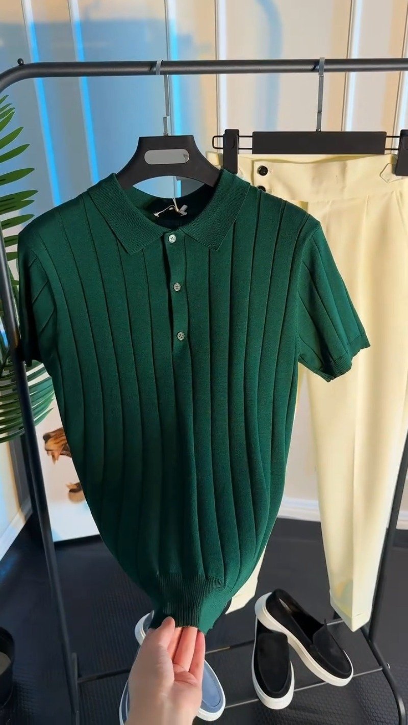 Verdant Forest Ribbed Knit Polo Shirt - Image 3