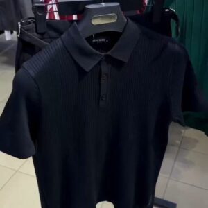 Minimalist Ribbed Polo Shirt & Trouser Set – Black