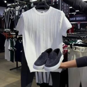 Minimalist Ribbed Knit T-Shirt and Suede Slip-On Set – Available in White, Emerald Green, Earthy Brown & Deep Burgundy