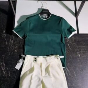 Modern Minimalist Casual Ensemble – Featuring Forest Green & Crisp Cream