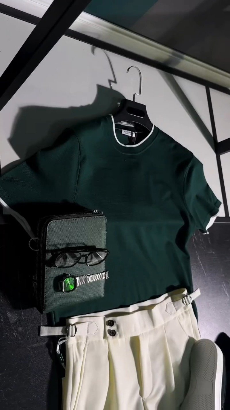 Modern Minimalist Casual Ensemble – Featuring Forest Green & Crisp Cream - Image 2