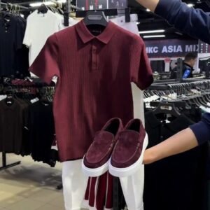 Sophisticated Ribbed Polo and Trouser Ensemble – Available in Burgundy & White