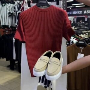 Minimalist Ribbed Knit Tee and Tailored Trouser Co-ord Set – Available in Deep Maroon & Classic White