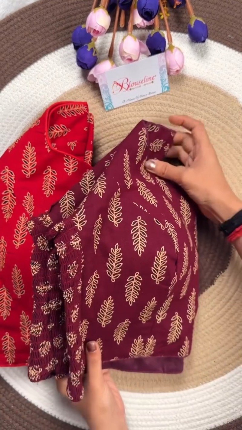 Classic Fern Leaf Print Smocked Blouse – Available in Red, Maroon & Navy Blue - Image 2