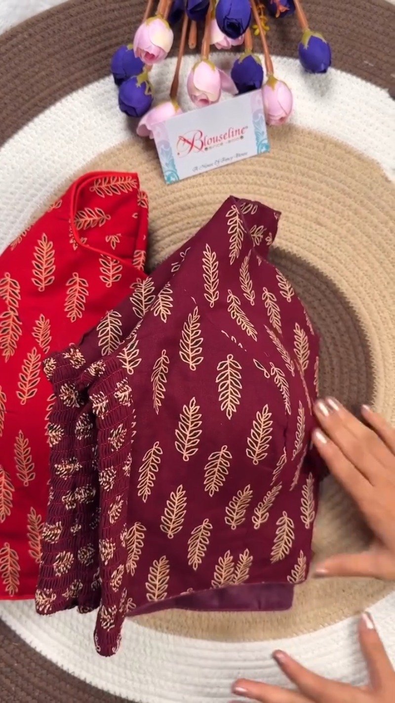 Classic Fern Leaf Print Smocked Blouse – Available in Red, Maroon & Navy Blue - Image 3