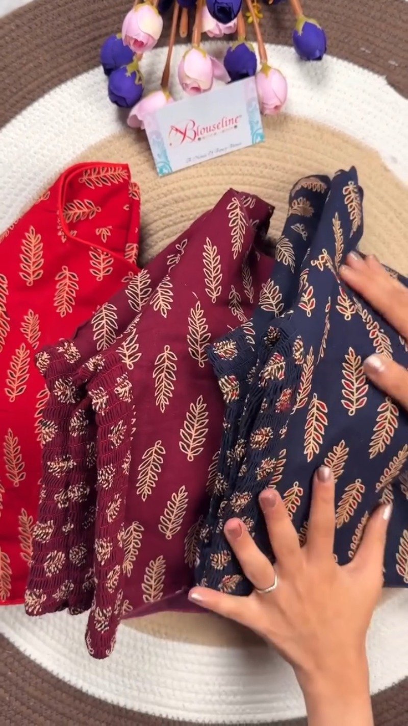 Classic Fern Leaf Print Smocked Blouse – Available in Red, Maroon & Navy Blue - Image 4
