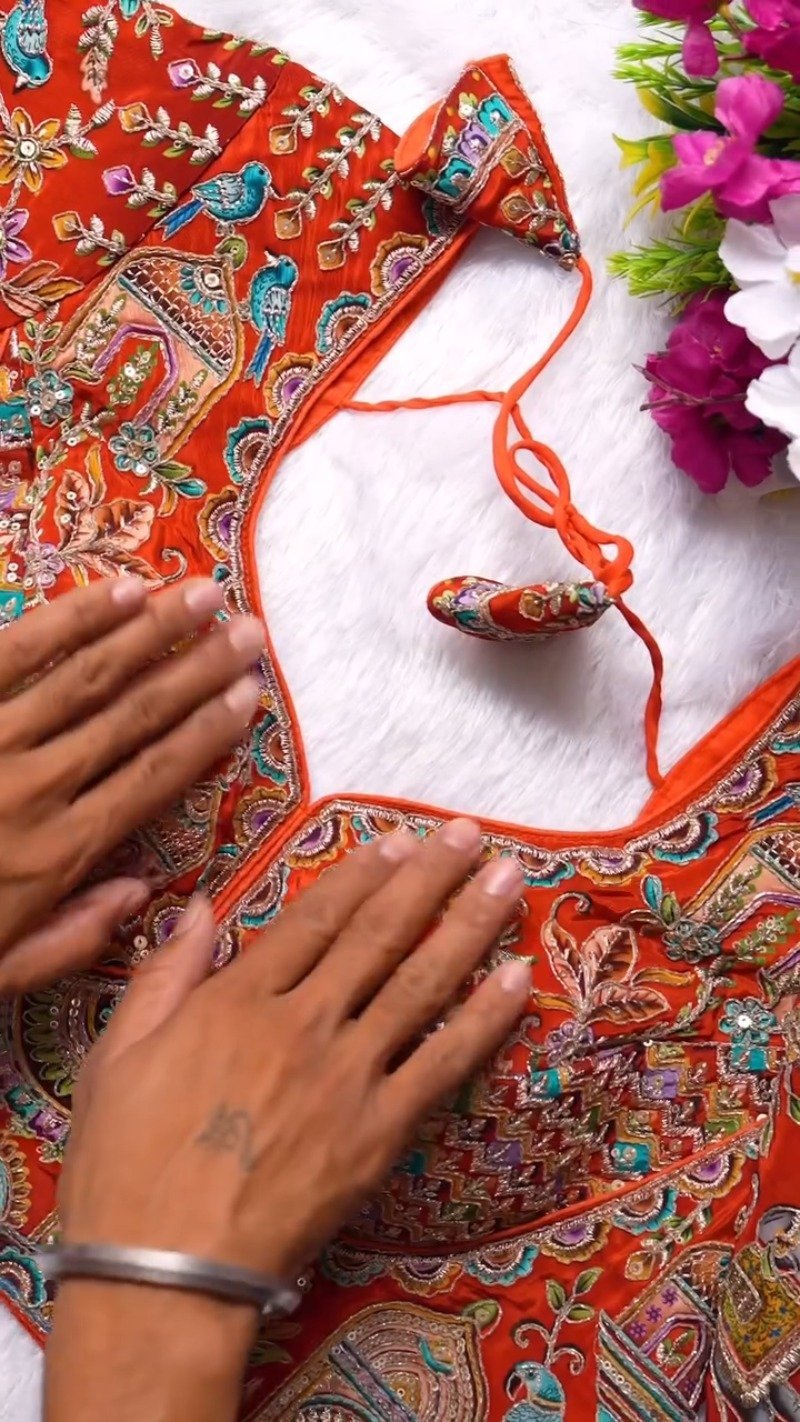 Ornate Zardosi & Bird Motif Embellished Designer Blouse – Exclusive Orange Artisan Collection