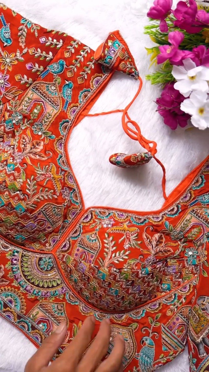 Ornate Zardosi & Bird Motif Embellished Designer Blouse – Exclusive Orange Artisan Collection - Image 2