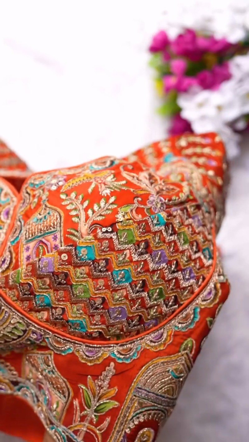 Ornate Zardosi & Bird Motif Embellished Designer Blouse – Exclusive Orange Artisan Collection - Image 4