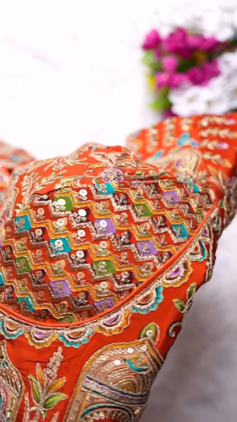 Ornate Zardosi & Bird Motif Embellished Designer Blouse – Exclusive Orange Artisan Collection - Image 5